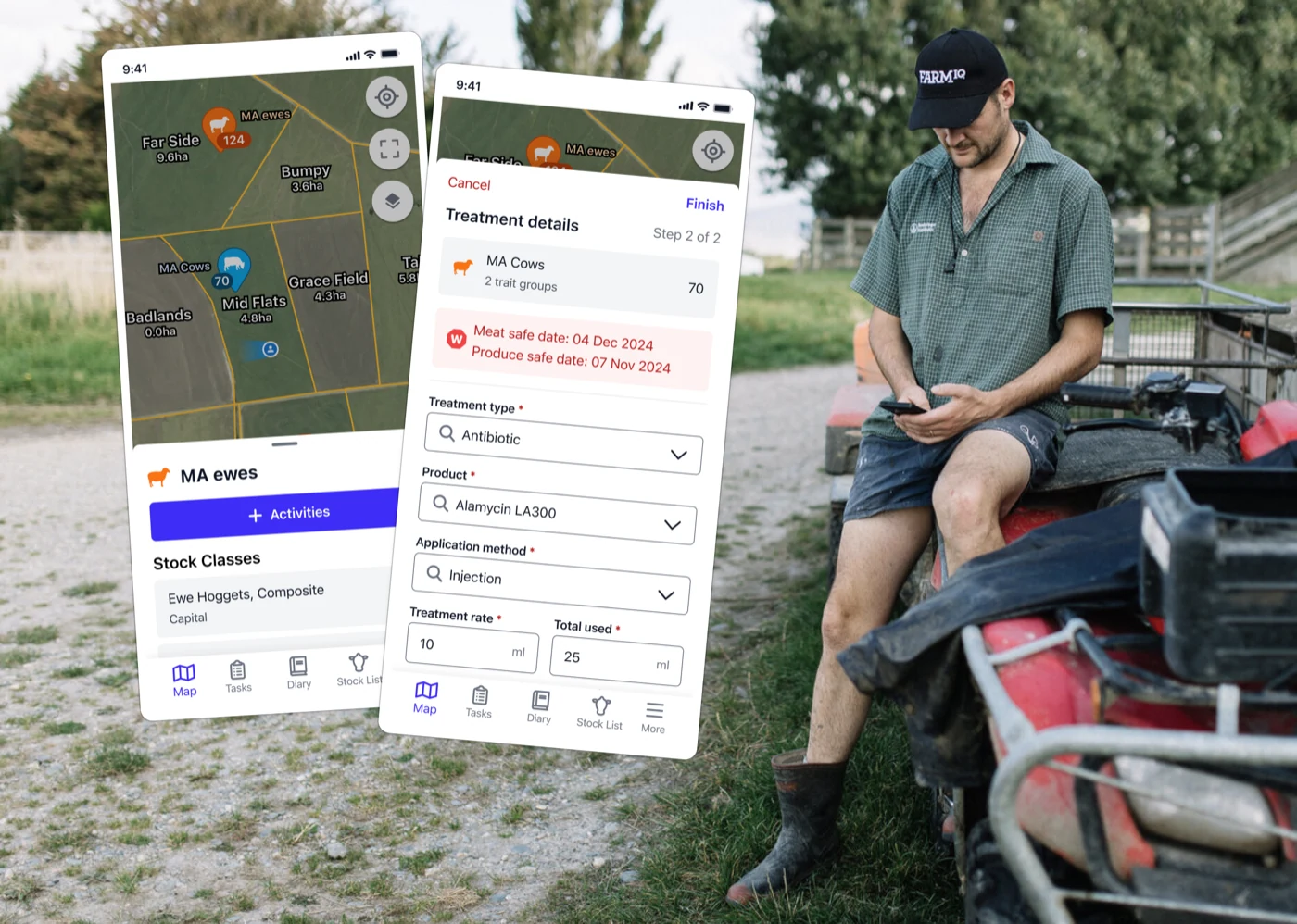 Farmer on a quad bike using the FarmIQ app, with the map and treatment-details screens alongside
